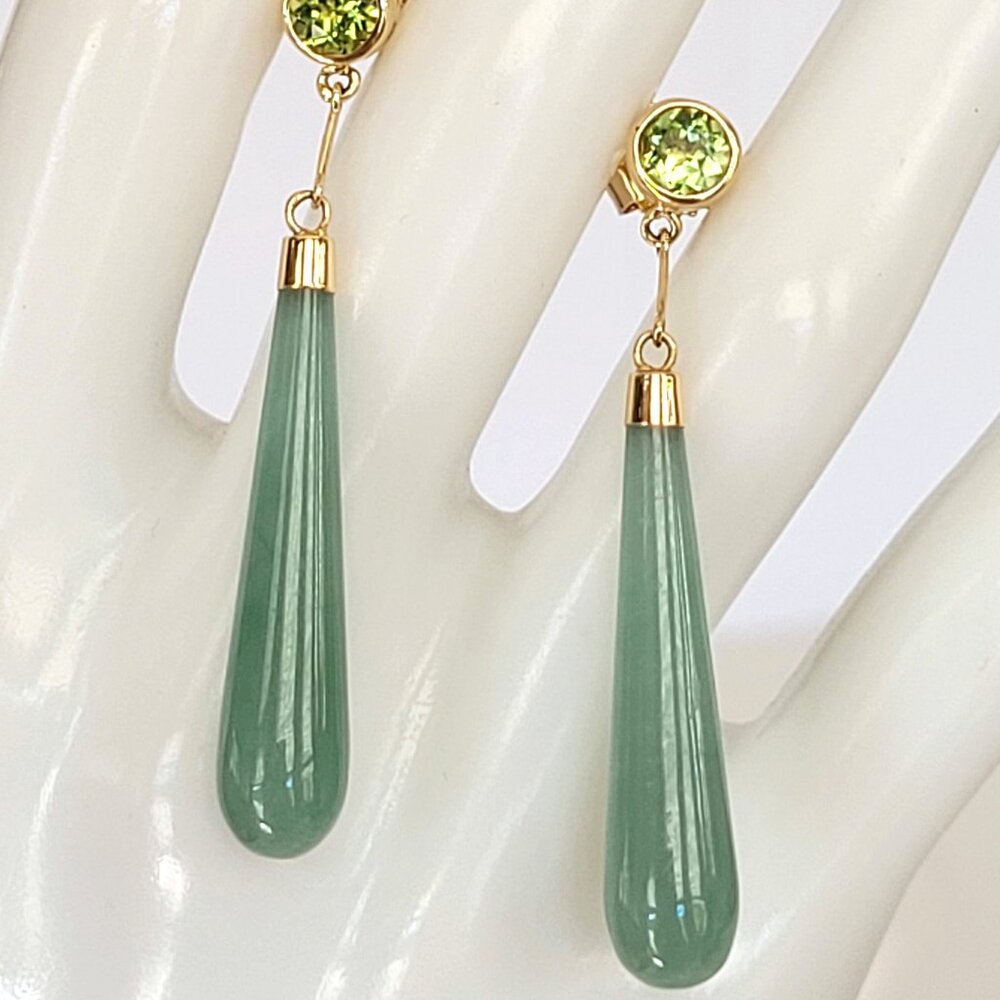 14K Yellow Gold Jadeite & Peridot Drop Earrings 48mm